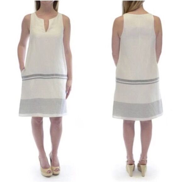 RAG & BONE Linen Sleeveless Mini Shift Dress Stripe Leather Trim Cream Black 2 - Picture 3 of 6